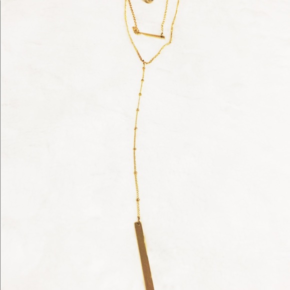 Stylish 3-Tier Layered Golden Tone Bar+Crystal Teardrop Pendant, Long Necklace - Picture 7 of 16